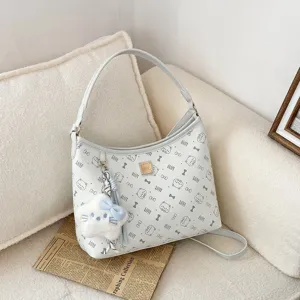 White PU leather shoulder handbag with cute cat bow print, stylish plush star charm for women.