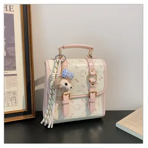 College style pink white backpack women casual daily school bag cute handbag with charm
