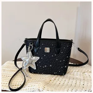 Borsa a mano da donna nera con stampa di stelle in pelle PU borsa a tracolla con ciondolo