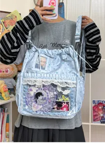 Sac à dos ita étoile bleu clair avec poche avant transparente, joli sac d'étudiant pour fans.