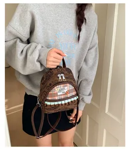 Korean retro mini backpack for women, chic plaid front pocket with sweet ruffle trim style.