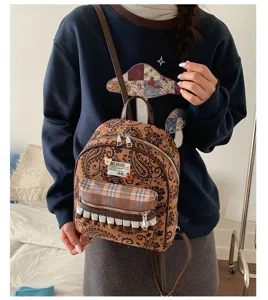Vintage paisley mini backpack with plaid pocket stylish student autumn winter daily casual bag