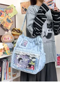 Sac fourre-tout Ita style Harajuku étoile mignonne avec fenêtre transparente et dentelle.