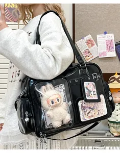 Japanese JK itabag with clear window, large capacity black PU leather shoulder bag for use.