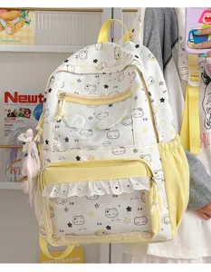 Zaino ita stile giapponese carino bianco giallo grande capacità borsa scuola stampa gatto
