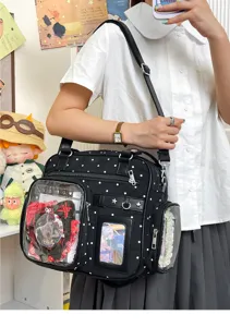 Black polka dot ita bag with clear window, star decor, Japanese style canvas shoulder bag.