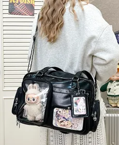 Japanese anime ita bag large capacity black PU leather shoulder crossbody bag stylish