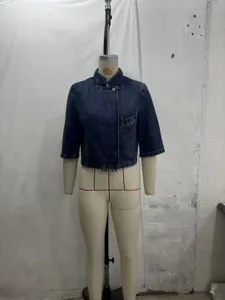 Dames opstaande kraag korte mouw denim blazer jas casual losse bovenkleding detail