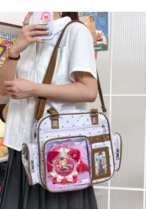 Cute polka dot ita bag detail view, clear window shoulder canvas bag with star charms.