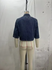 Dames denim blazer korte mouw opstaande kraag casual korte spijkerjas zomer denimjas