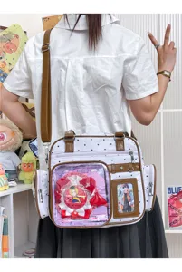 Cute polka dot transparent ita bag Japanese canvas shoulder school bag with double layer window.