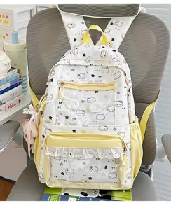 Zaino ita stile college giapponese con finestra trasparente, stampa gatto e finiture in pizzo.