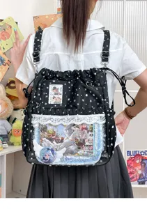 Sac à dos noir style Harajuku étoile mignon femme étudiant cordon ita bag avec fenêtre.