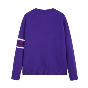 Purple knitted sweater with sleeve stripes, casual long sleeve crewneck pullover for women.