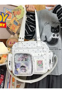White polka dot ita bag with clear window and star rivets, casual canvas shoulder bag.