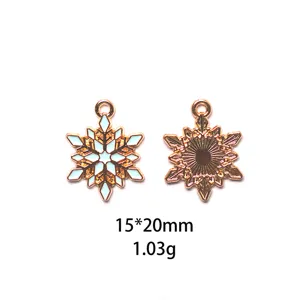 Détail de pendentif flocon de neige en alliage émaillé bleu et dos texturé métallique.