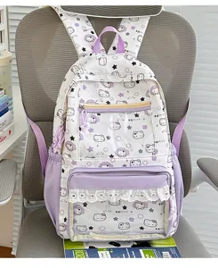 Zaino ita kawaii bianco viola borsa scolare con tasca trasparente e motivo gatto