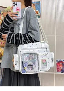 Cute mint star ita bag with polka dots, clear double-layer pockets for pins, casual Japanese shoulder bag.