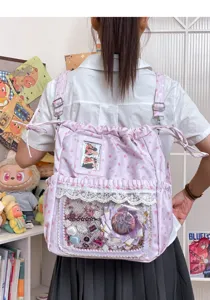 Sac à dos Ita rose avec étoiles style Harajuku fenêtre transparente et dentelle étudiante.