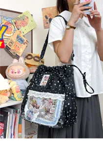 Sac à dos Ita-Bag noir style Harajuku imprimé étoiles avec fenêtre transparente et jolie dentelle.