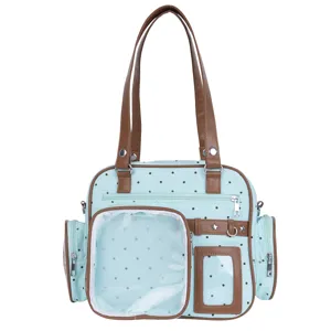 Detailed view of the mint green polka dot itabag with clear window and brown straps.