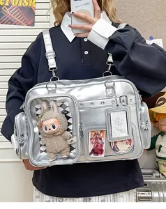 Japanese style silver ita bag large capacity clear shoulder messenger bag for daily use