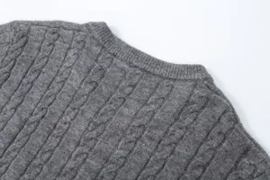 Grey cable knit sweater detail view showing classic textured pattern and soft collar.