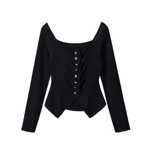 Pull en Tricot Manches Longues Slim Casual pour Femmes Épaule Dénudée Boutonné Simple Uni Coton Tricoté