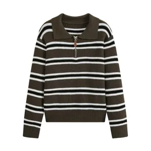 Maglione a righe con colletto polo e mezza zip, top casual slim da donna elegante.