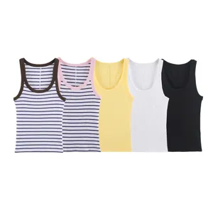 Close up view of stylish ribbed knit tank tops in assorted solid colors and striped patterns.