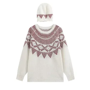 Donna casual ampio maglione in maglia jacquard e set di berretti bianco rosso.