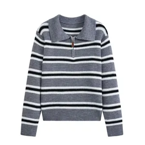 Maglione in maglia da donna con collo a polo e zip, top casual a maniche lunghe a righe.