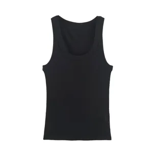 Women's black ribbed tank top, casual slim fit sleeveless U-neck basic vest top for daily wear.