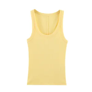 Close-up view of the ribbed knit texture and U-neck design on the yellow sleeveless tank top.