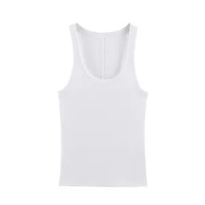 Close-up of the white ribbed knit fabric, showing texture, u-neck and sleeveless details.