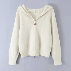 Damen Casual Rippstrick Kapuzen Cardigan Mit Reissverschluss Einfarbig Langarm