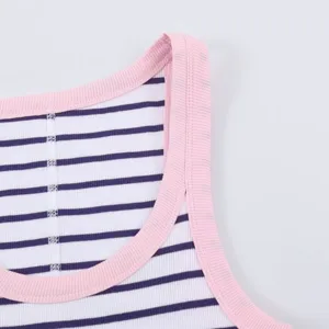 Close-up detail of women striped ribbed tank top collar, pink trim, knit fabric, soft wear.