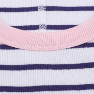 Women's casual striped ribbed tank top detail view, U-neck design with pink contrast trim.