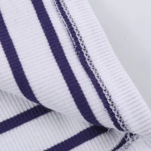 Close up view of the blue and purple striped ribbed knit fabric detail for stylish tank top.