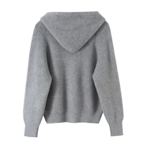 Graue Kapuzen Strickjacke fuer Damen, laessiger Langarm Rippenpullover mit Reissverschluss.