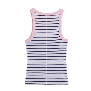 Women's slim fit striped ribbed tank top with pink trim casual sleeveless U-neck shirt
