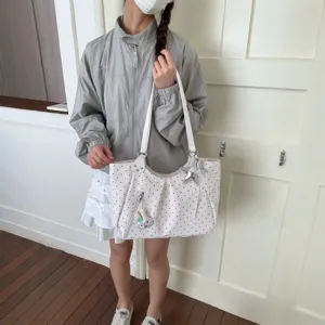 Japanese style polka dot shoulder bag large capacity casual handbag with charms and zipper pocket.