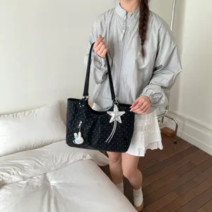 Japanese style polka dot black canvas tote bag large capacity casual shoulder handbag