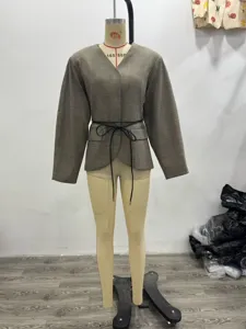 Women plaid blazer jacket V-neck long sleeve casual outerwear with waist belt stylish