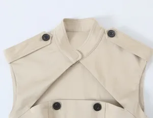 Beige sleeveless dress collar detail, stylish cutout design with buttons. High quality fabric.