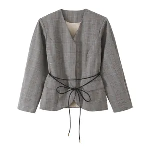 Women Casual Plaid Blazer Fashion V-Neck Long Sleeve Suit Jacket With Tie-Up Waist Polyester Checkered Streetwear Coat