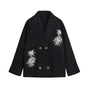 Women black knit cardigan V-neck double-breasted pearl beaded long sleeve sweater detail