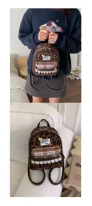 Velvet leopard print mini backpack, stylish student schoolbag with plaid pocket details.