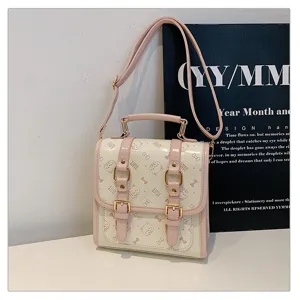 Pink cute cat print backpack school bag with top handle and double shoulder straps for women.
