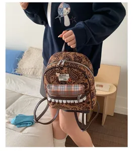 Retro velvet print mini backpack for women chic casual student school bag with plaid pocket